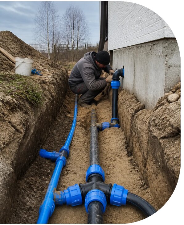 Монтаж наружного водопровода на участке под ключ в Гатчине